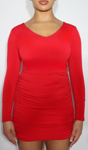 Long Sleeve V- Neck Ruched Red Bodycon 'Taylor' Dress