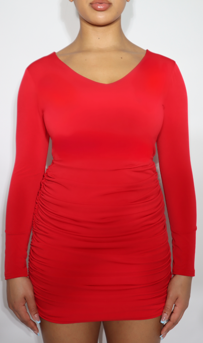 Long Sleeve V- Neck Ruched Red Bodycon 'Taylor' Dress