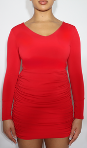 Long Sleeve V- Neck Ruched Red Bodycon 'Taylor' Dress