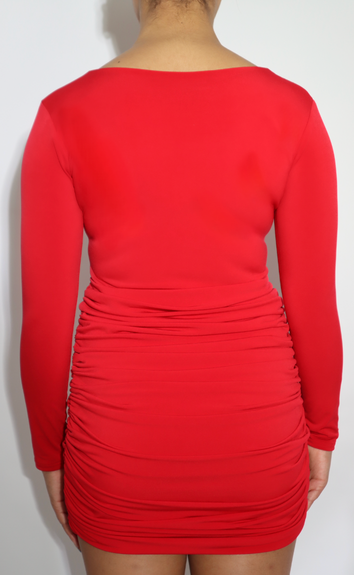 Long Sleeve V- Neck Ruched Red Bodycon 'Taylor' Dress