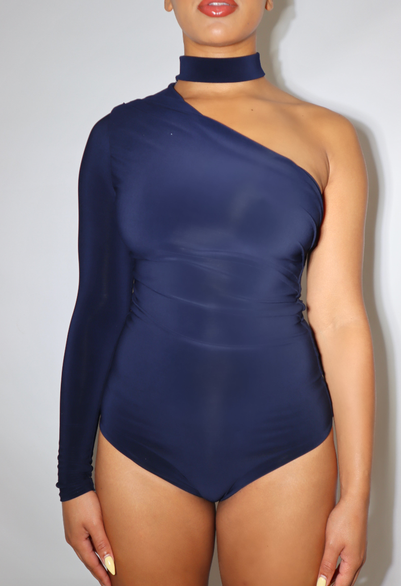 One Shoulder Long Sleeve Bodysuit - 'Amy ' - Navy Blue