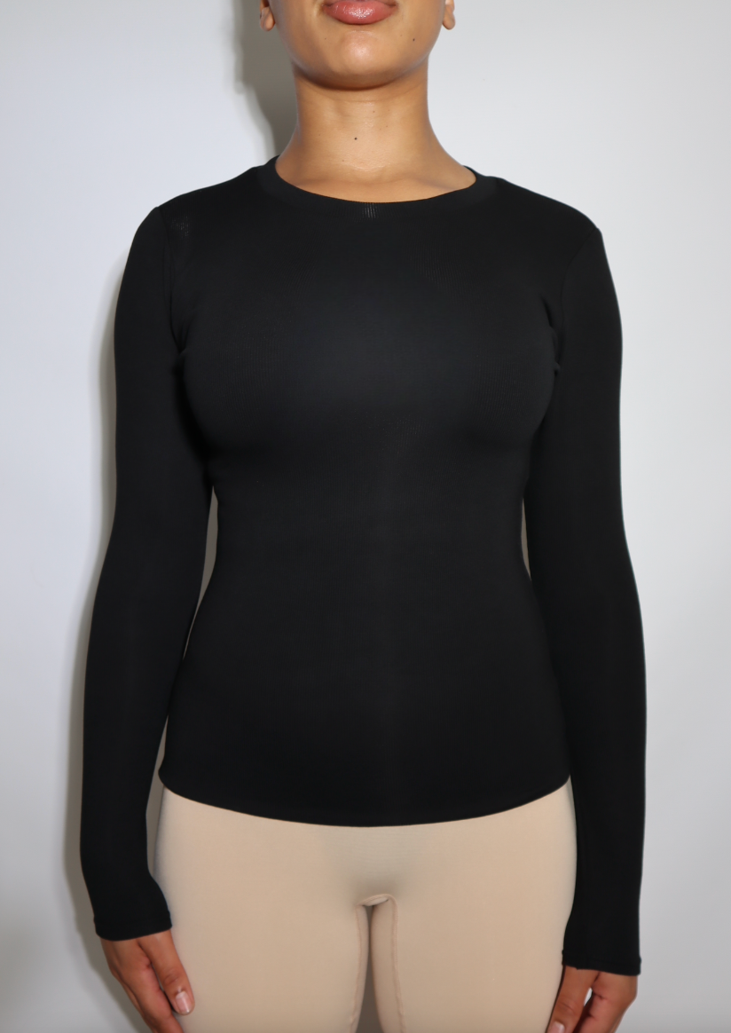 Luxe Ribbed Knit ‘Crew Neck’ Top - Black
