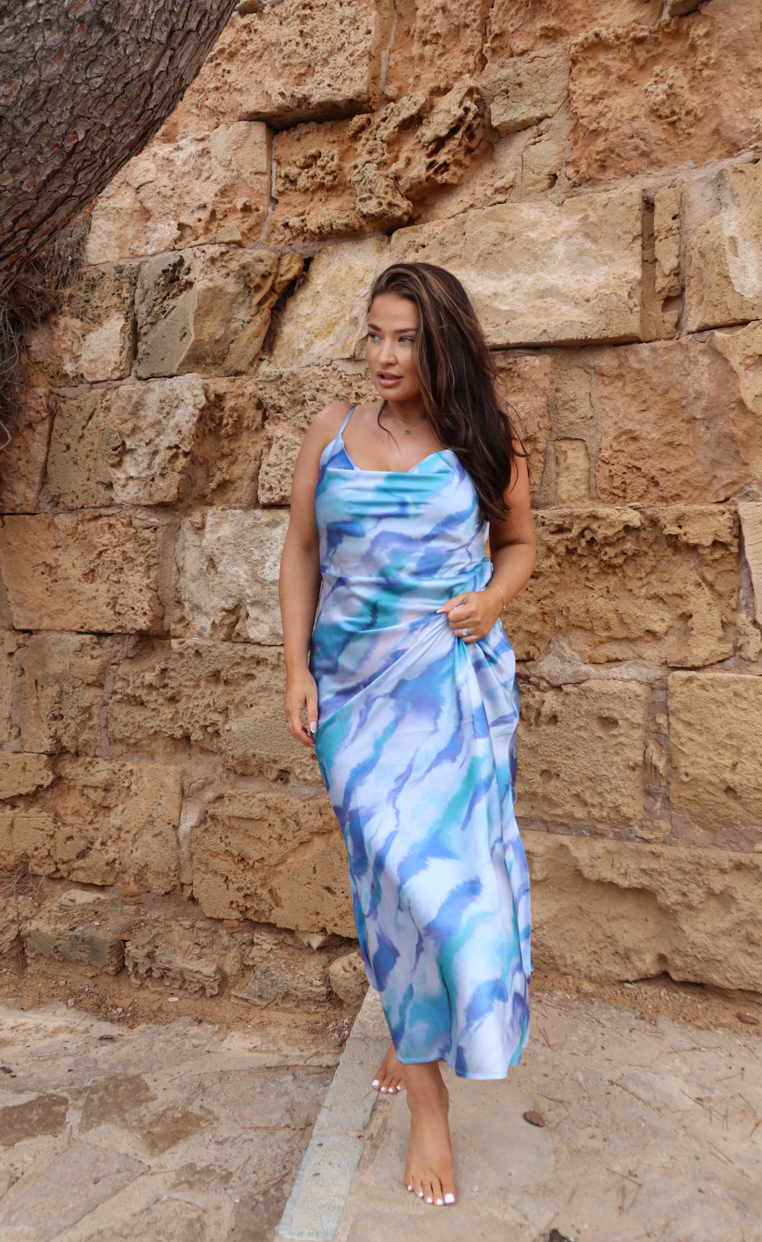 Strappy Satin Maxi 'Valentina' Slip Dress - Blue Marble Print