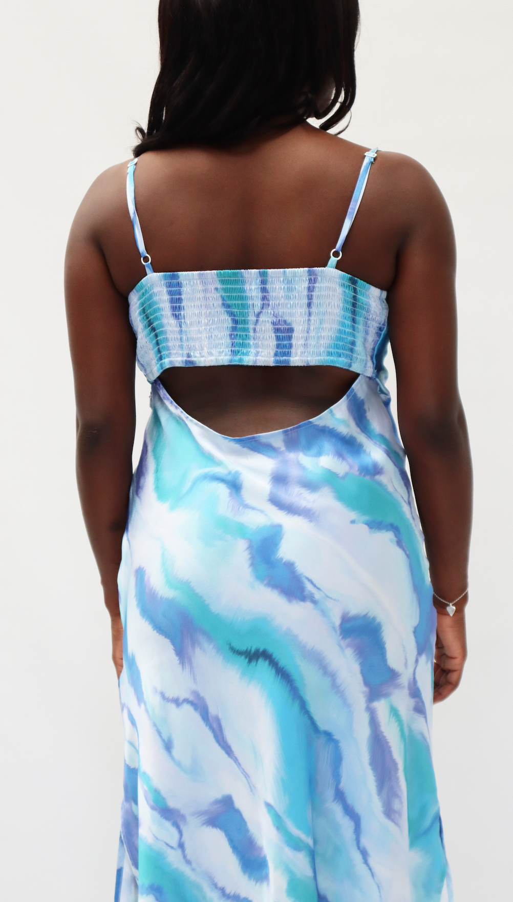 Strappy Satin Maxi 'Valentina' Slip Dress - Blue Marble Print