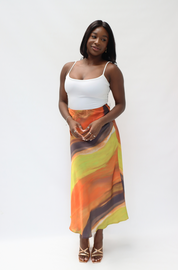 Satin Maxi 'Lucia' Skirt in Green Swirl Print