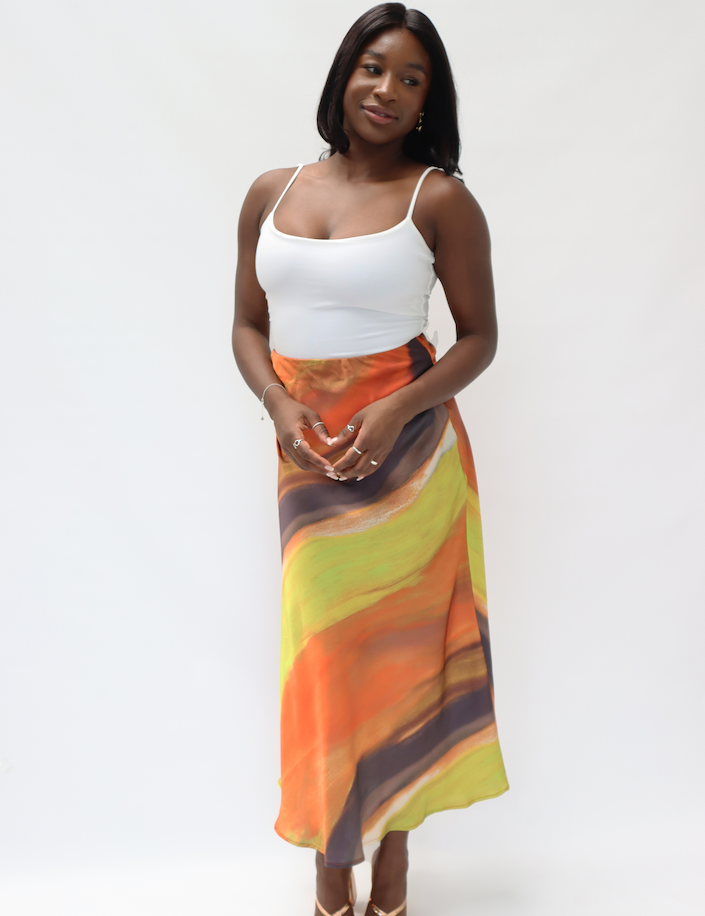 Satin Maxi 'Lucia' Skirt in Green Swirl Print